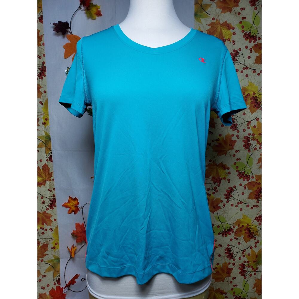 Champion Women's Teal Pink V- Neck Short Sleeve Logo Pullover Size S